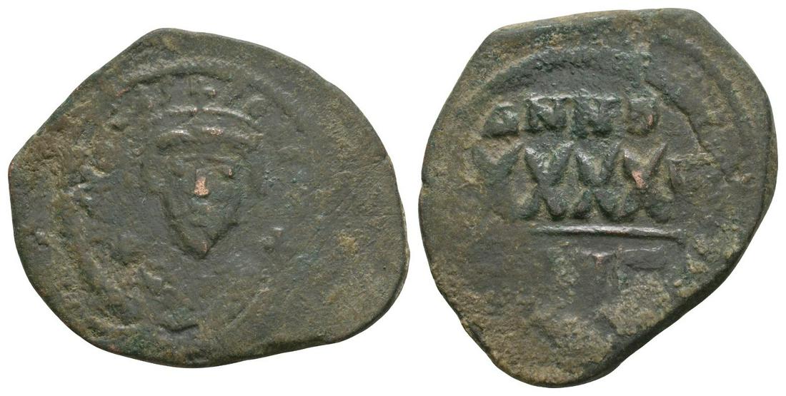 Phocas - Follis: 602-610 AD. Constantinople mint. Obv: FOCAS PERP AVG legend with crowned bust facing holding mappa and cross. Rev: large XXXX with ANNO above and regnal year II at right; mintmark CON? in exergue. Sea