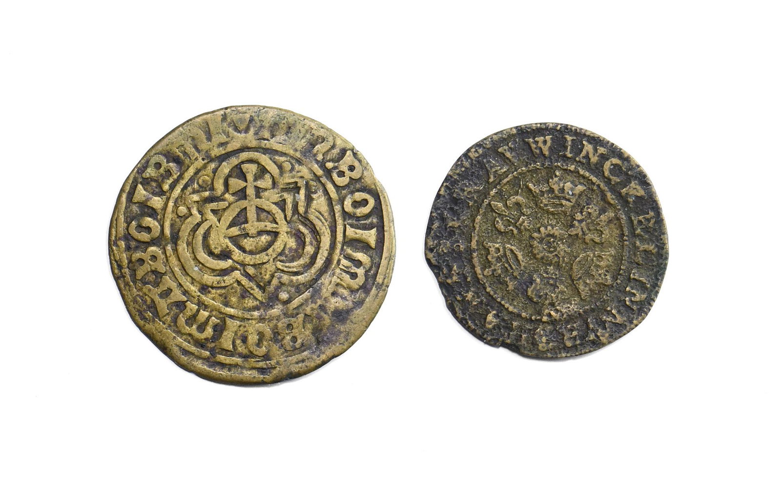 Nuremburg - Jetons [2]: 16th-17th century AD. Obvs: globus cruciger within trilobe with legends, one for Hans Krauwinkel. Revs: triple crowns and lis alternating, with legends. 2.77 grams total. ("). Property of a Scottish c