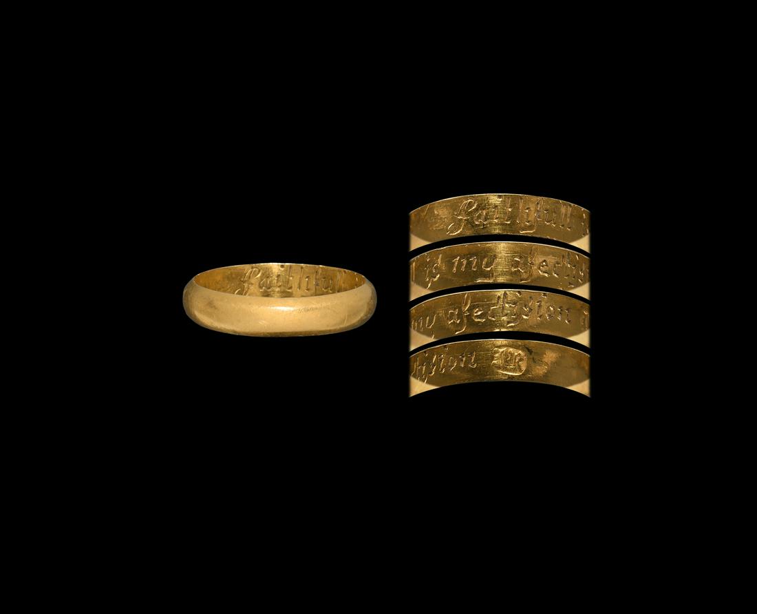 Gold 'Faithfull is my Afectision' Posy Ring: 17th century AD. A D-section gold finger ring with italic script inscription to the inner face 'Faithfull is my Afectision' and maker's mark 'HR'. Published on the Portable Antiquities Scheme (PAS) un