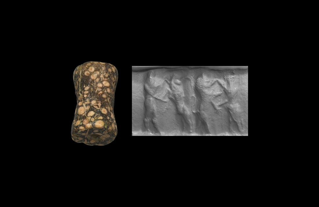 Akkadian Cylinder Seal with Contest Scene: 3rd millennium BC. A fossiliferous limestone cylinder seal, drilled vertically for suspension; accompanied by a a museum-quality impression and typed and signed scholarly note issued by the late W.G.