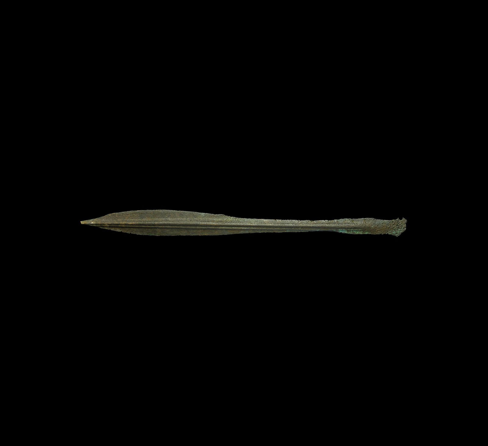 Bronze Age Sword Blade: 12th-10th century BC. A waisted leaf-shaped blade with three raised median ribs; repeated on both faces. Cf. Evans, J., The Ancient Bronze Implements, Weapons and Ornaments of Great Britain and Irelan
