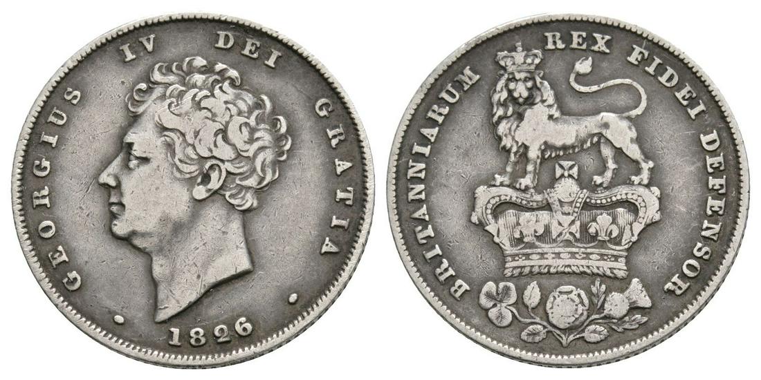George IV - 1826 - Shilling: Dated 1826 AD. Bare head. Obv: profile bust with date below and GEORGIUS IV DEI GRATIA legend. Rev: lion on crown with emblems below and BRITANNIARUM REX FIDEI DEFENSOR legend. S. 3812. 5.58 grams. ("