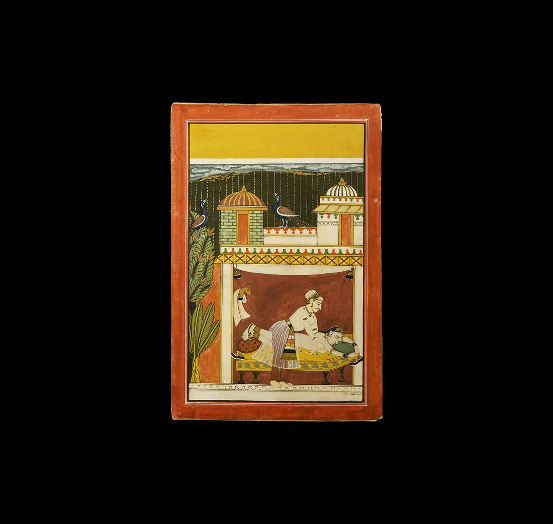 Indian Painting with Erotic Massage Scene: Late 19th-early 20th century AD. A polychrome painting presenting a nude bejewelled female stretched across a couch, a male attendant leaning over her, the scene unfolding in grand architectural surro