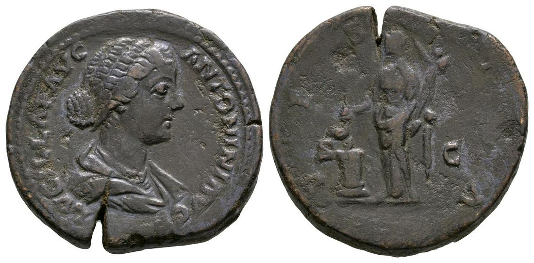Lucilla - Vesta Sestertius: 164-166 AD. Wife of Lucius Verus, Rome mint. Obv: LVCILLA AVG ANTONINI AVG F legend with draped bust right. Rev: VESTA AVG legend with Vesta standing left sacrificing from simpulum over lighted altar