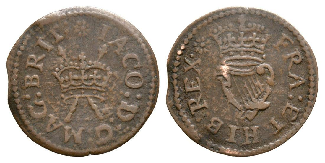 James I - Lennox Copper Farthing: Circa 1616 AD. Lennox type 2. Obv: crown over crossed sceptres with IACO D G MAG BRIT legend with 'flower' mintmark. Rev: crowned six-stringed harp with FRA ET HIB REX legend and same mintmark. S. 267