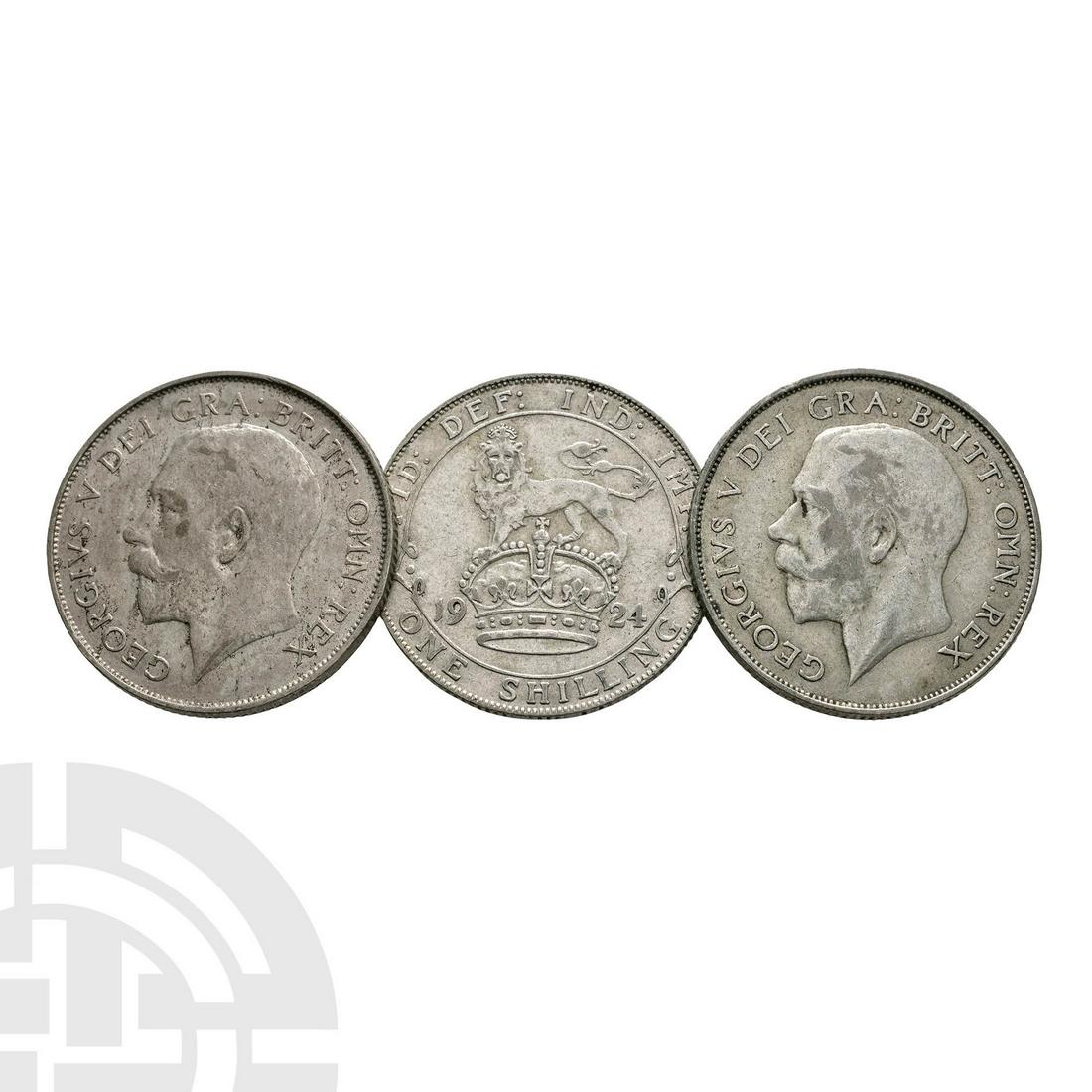 George V - 1924 - Shillings [3]: Dated 1924 AD. Second coinage. Obv: profile bust with GEORGIVS V DEI GRA BRITT OMN REX legend. Rev: lion on crown with FID DEF IND IMP legend value and date. S. 4023A. 16.87 grams total. Property of a