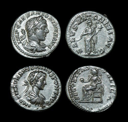 Roman Elagabalus and Caracalla - Rome - Denarii [2]: 219 AD. Obv: IMP CAES ANTONINVS AVG legend, laureate, draped and cuirassed bust right. Rev: SALVS ANTONINI AVG legend, Salus standing right, feeding serpent from patera. 198 AD. Obv: IMP C M AVR ANTON