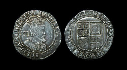 Stuart James I - Third Coinage - Shilling: 1621-1623 AD. 6th Bust. Obv: profile bust with XII behind and IACOBVS D G MAG BRI FRA ET HIB REX with 'thistle' mintmark. Rev: shield with QVAE DEVS CONIVNXIT NEMO SEPARET legend. S. 2668; N. 2124. 6.