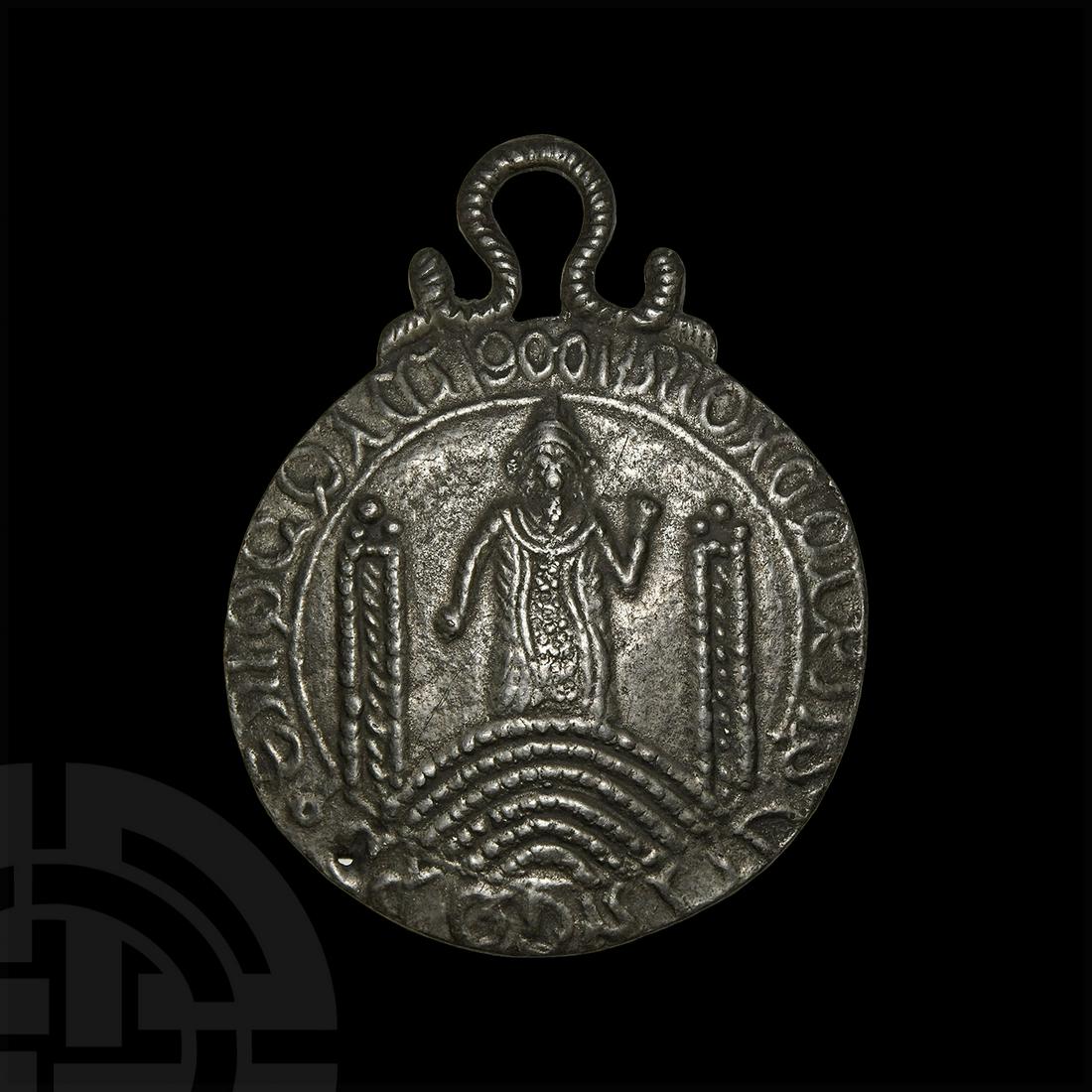 Billy and Charley Fantasy Pilgrim Badge: 19th century AD. A lead-alloy 'Billy and Charley' pendant badge depicting a bishop standing facing on a bridge with nonsense legend and inverted '1006' date; the reverse depicting a standing facing ro