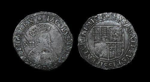 Stuart - James I - Shilling: 1603-1604 AD. First coinage. Obv: profile bust with XII behind and IACOBVS D G ANG SCO FRA ET HIB REX legend and 'thistle' mintmark. Rev: arms with EXVRGAT DEVS DISSIPENTVR INIMCI legend 5.72 grams. S