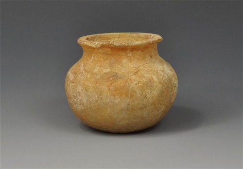 Egyptian - Alabaster Jar: Circa 3000 BC, Old Kingdom. A globular jar with sharply everted rim, bulbous body and small, flat base; worked internally to a smooth finish. Alabaster, 260 grams, diameter 71.3 mm. From an old Englis