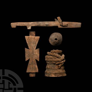 Egyptian Wooden Artefact Collection: Late Period, 664-332 B.C. and later. A group of four artefacts of wood and fabric composition, comprising a cross with rectangular sockets to both of the long arms; a conical fitting pierced through