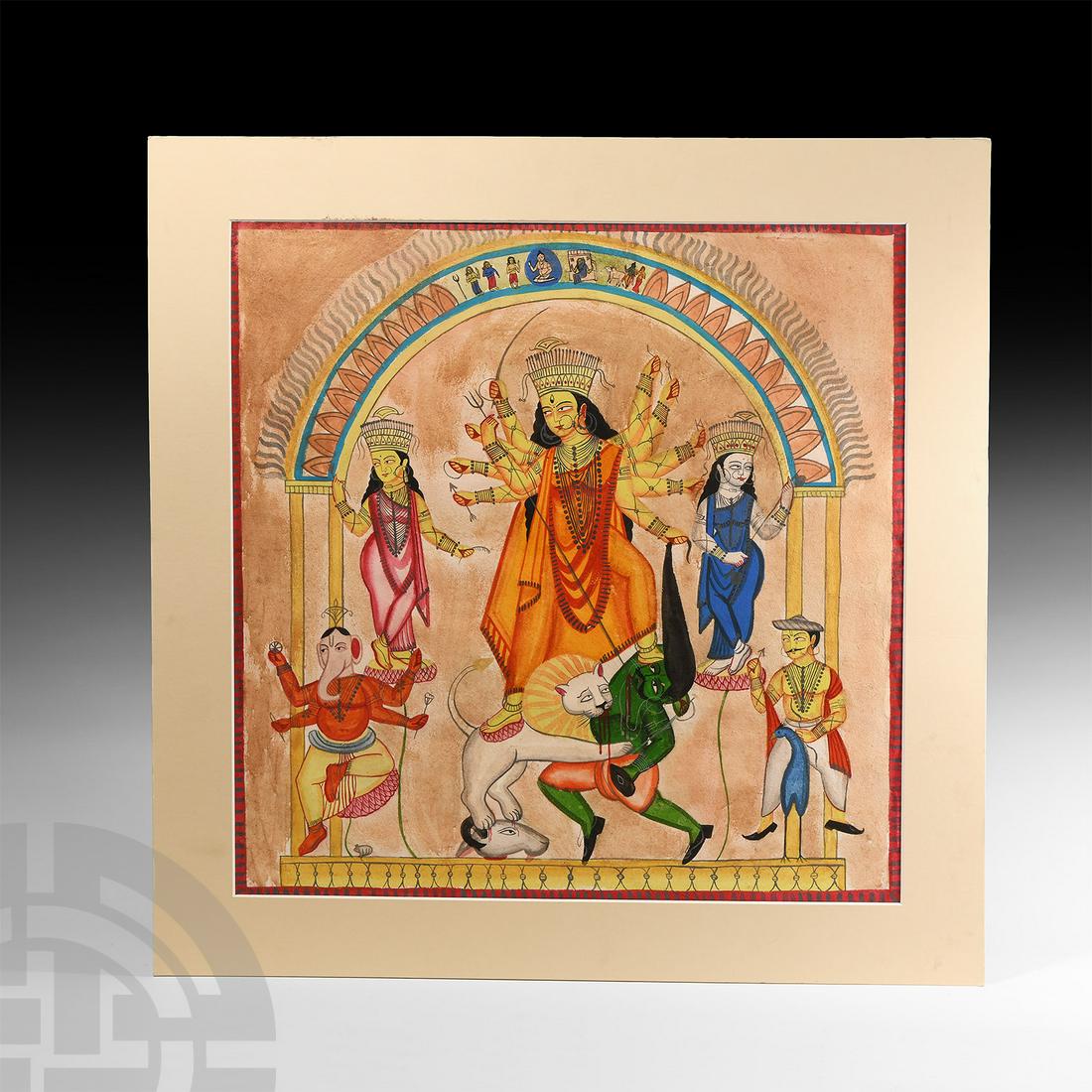 Bengal School Painting with Durga Parivar Defeating Mahishasura (1 of 1)