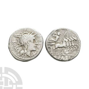 M Fannius - Victory AR Denarius: 123 B.C. Rome mint. Obv: helmeted head of Roma right with X below chin and ROMA behind; L ARBO(?) before. Rev: Victory in quadriga right holding wreath and whip; M FAN C F in exergue with FAN in monog