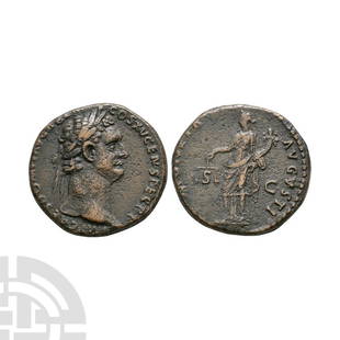 Domitian - Moneta AE As: 90-91 A.D. Rome mint. Obv: IMP CAES DOMIT AVG GERM COS XV CENS PERP P legend with laureate bust right. Rev: MONETA AVGVSTI legend with Moneta standing left holding scales and cornucopia; S - C across