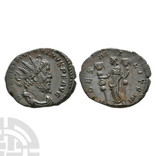 Victorinus - Fides Militum AE Antoninianus: 269 A.D. Cologne mint. Obv: IMP C PAIV VICTORINVS P F AVG legend with radiate and draped bust right. Rev: FIDES MILITVM legend with Fides Militum standing left holding two standards. RIC v, 109; Sear