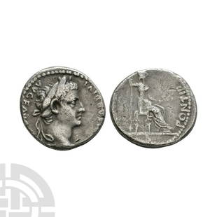 Tiberius - 'Tribute Penny' AR Denarius: After 16 A.D. Lugdunum mint. Obv: TI CAESAR DIVI F AVGVSTVS legend with laureate bust right. Rev: PONTIF MAXIM legend with seated female figure (Livia?) right holding sceptre and branch. RIC 26; BMC