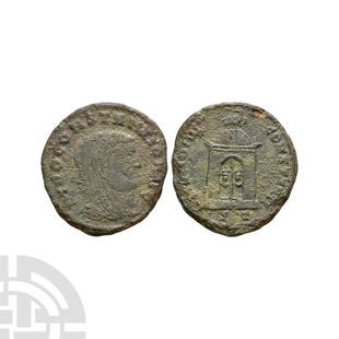 Maxentius - Divus Constantius I AE Follis: 307-308 A.D. Ticinum mint. Obv: DIVO CONSTANTIO AVG legend with veiled head of Constantius I right. Rev: MEM DIVI CONSTANTI legend with domed shrine with double doors surmounted by eagle; mintmark ST