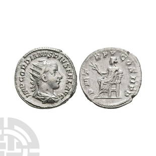 Gordian III - Apollo AR Antoninianus: 242-243 A.D. Rome mint. Obv: IMP GORDIANVS PIVS FEL AVG legend with radiate and draped bust right. Re: P M TR P V COS II P P legend with Apollo seated left holding olive-branch in right hand, left