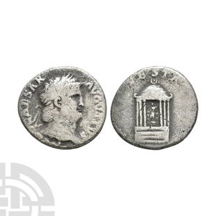 Nero - Temple of Vesta AR Denarius: 65 A.D. Rome mint. Obv: NERO CAESAR AVGVSTVS legend with laureate bust right. Rev: VESTA above dome temple of Vesta having six columns and with statue inside. RIC 62; BMC 104; RSC 335; Sear 1946.