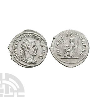 Philip I - Roma AR Antoninianus: 245-247 A.D. Rome mint. Obv: IMP M IVL PHLIPPVS AVG legend with radiate and draped bust right. Rev: ROMAE AETERNAE legend with Roma seated left holding Victory and spear; shield at side. RIC 44b; RSC