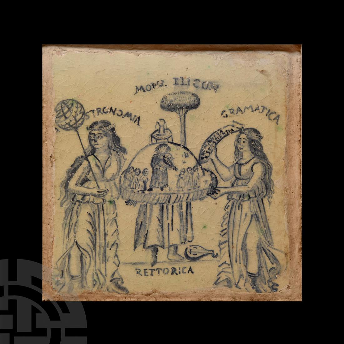 Large Spanish Blue and White Tile with Personified Arts (1 of 1)