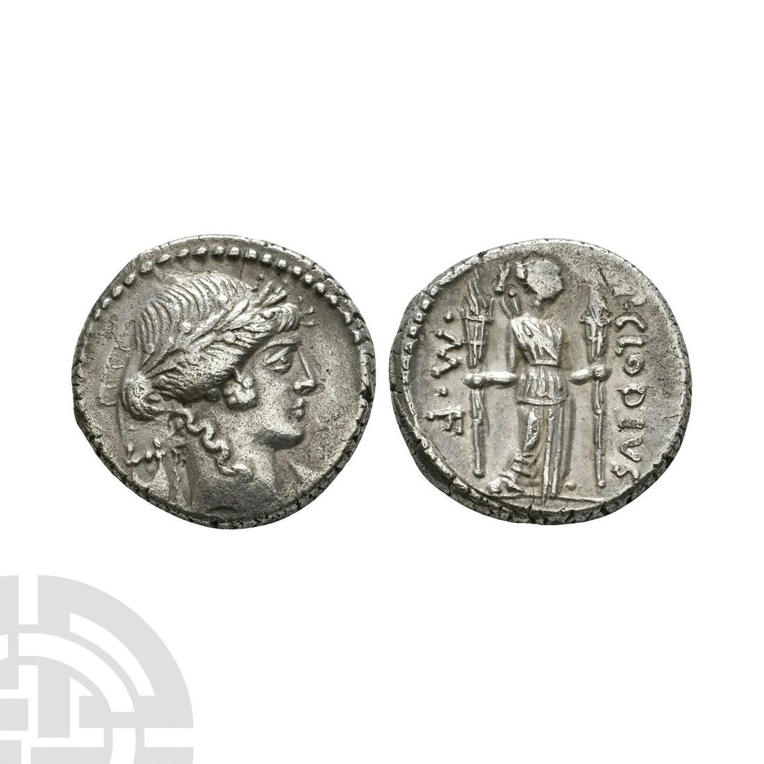 P Clodius M f - Diana Lucifera AR Denarius: 42 B.C. Rome mint. Obv: laureate head of Apollo right; lyre behind. Rev: Diana Lucifera standing right holding ling torch in each hand; P CLODIVS to right and M F left. Craw. 494/23; Syd. 1117; RSC Cl
