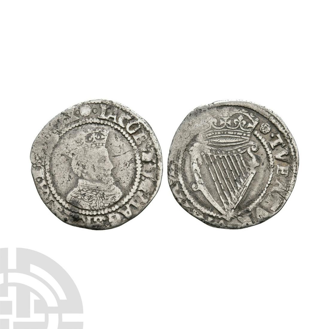 Ireland - James I - Sixpence: 1605-1606 A.D. Second coinage. Obv: profile bust with IACOBVS D G MAG BRIT FRA ET HIB REX legend and 'cinquefoil' mintmark. Rev: crowned harp with TVEATVR VNITA DEVS legend. S. 6517 variant (cinquefoi
