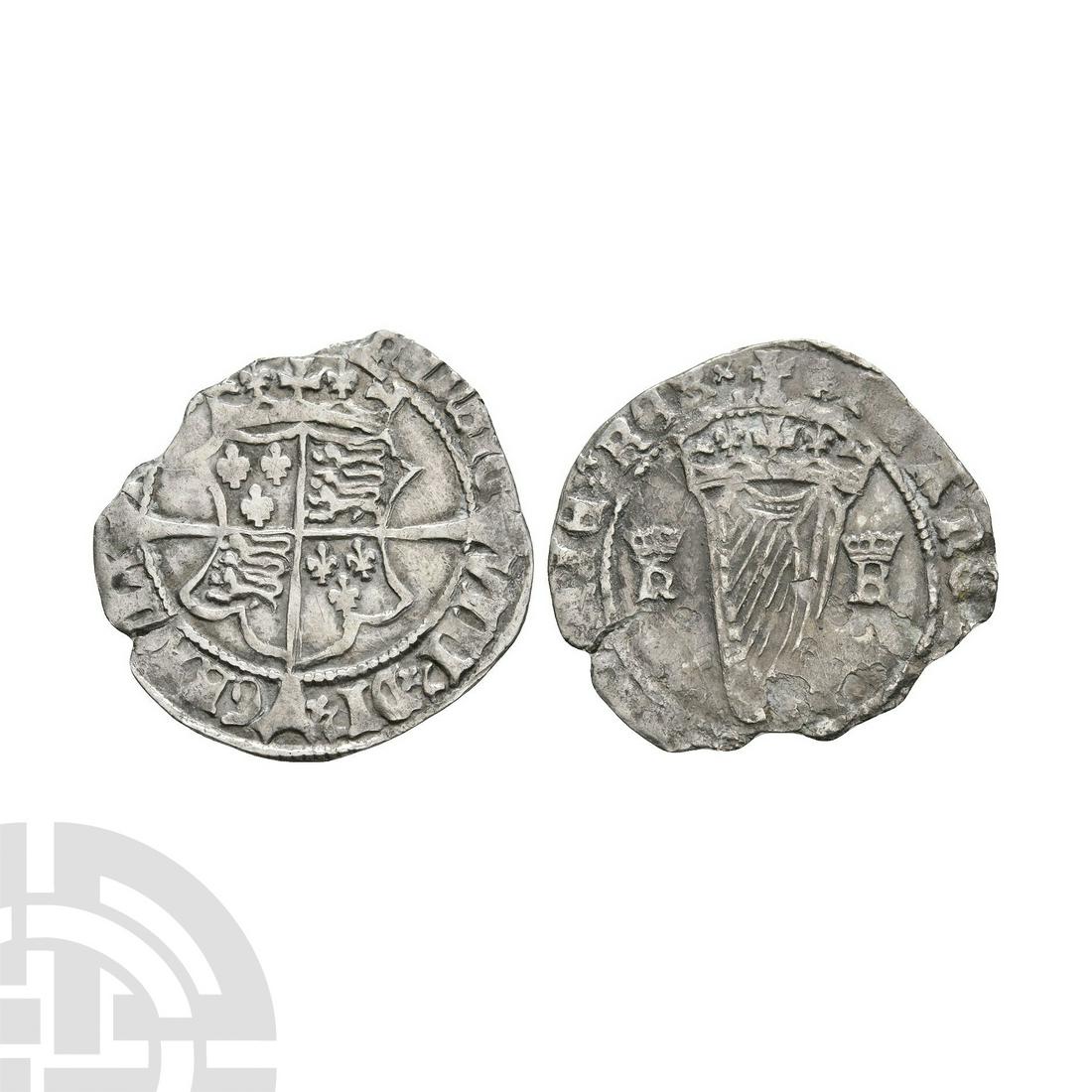 Ireland - Henry VIII - Harp Sixpenny Groat: 1544 A.D. Fourth harp issue. Obv: long cross over arms with HENRIC VIII DI GRACIA [ ] legend. Rev: crowned harp with crown over inititals h - K at sides and FRANC [ ] NIE REX legend and 'lis' mintmark