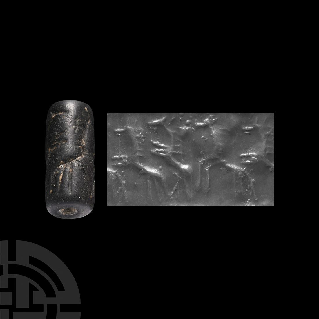 Western Asiatic Cylinder Seal with rearing Quadrupeds: 1st millennium B.C. or earlier. A zoomorphic jasper cylinder seal engraved with a frieze of rearing quadrupeds standing right; drilled vertically for suspension; accompanied by a museum-quality impres