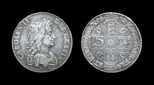 English Milled Charles II - 1672 V QUARTO - Crown: Dated 1672. Third bust. Obv: bust right with CAROLVS II DEI GRATIA legend. Rev: cruciform shields with Cs in angles and MAG BR FRA ET HIB REX and date legend. Edge: with DECVS ET TVTAMEN ANNO REGNI VI