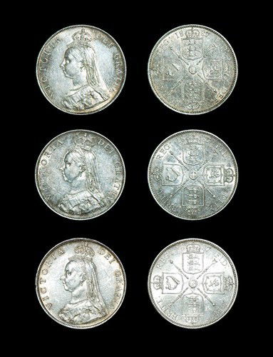 English Milled Victoria - 1887 - Florins [3]: Dated 1887. Jubilee Head issue. Obv: bust left with VICTORIA DEI GRATIA legend. Rev: cruciform arms with FID DEF BRITT REG legend and date. S. 3925; ESC 868. 11.31, 11.32, 11.34 grams. [3]