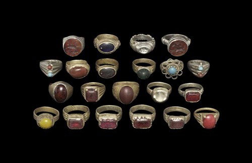 Islamic Bedouin Ring Group: Circa 19th-20th century AD. A mixed group of antique Islamic Bedouin finger rings. Silver, silver-gilt and base metal,135 grams, 26-33 mm. Property of a London Gentleman; acquired before 1990. [21, No