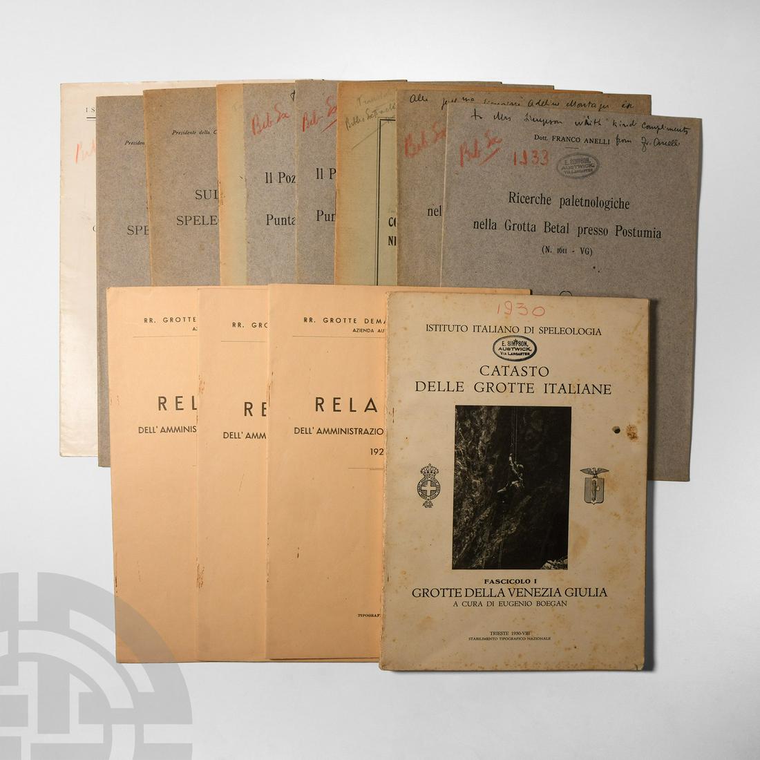 Natural History Books - Anelli / Boegan / Spezzotti - Italian Speleological Offprints: Published 1930-1945 A.D. Group comprising: Anelli, Franco, Richerche Paletnologiche nella Grotta Betal presso Postumia, 1933 (2 copies); WITH Il Pozzo ossifero delle Cave di Ca Negra presso Punta Slav