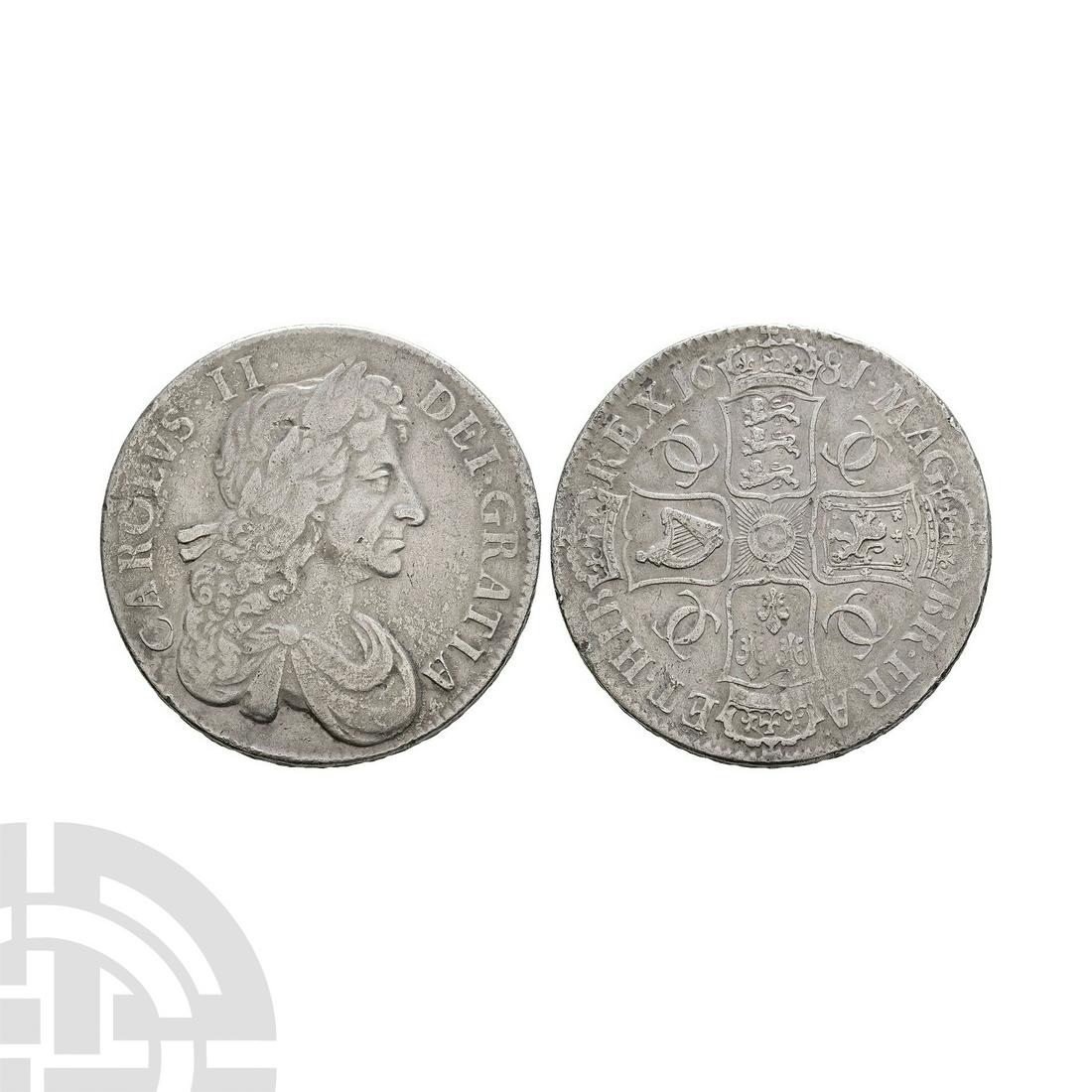 English Milled Coins - Charles II - 1681 - AR Crown: Dated 1681 A.D. Fourth bust. Obv: profile bust with CAROLVS II DEI GRATIA legend. Rev: cruciform arms with CC monograms in angle and MAG BR FR ET HIB REX legend and date. Edge: with raised DECVS ET TV