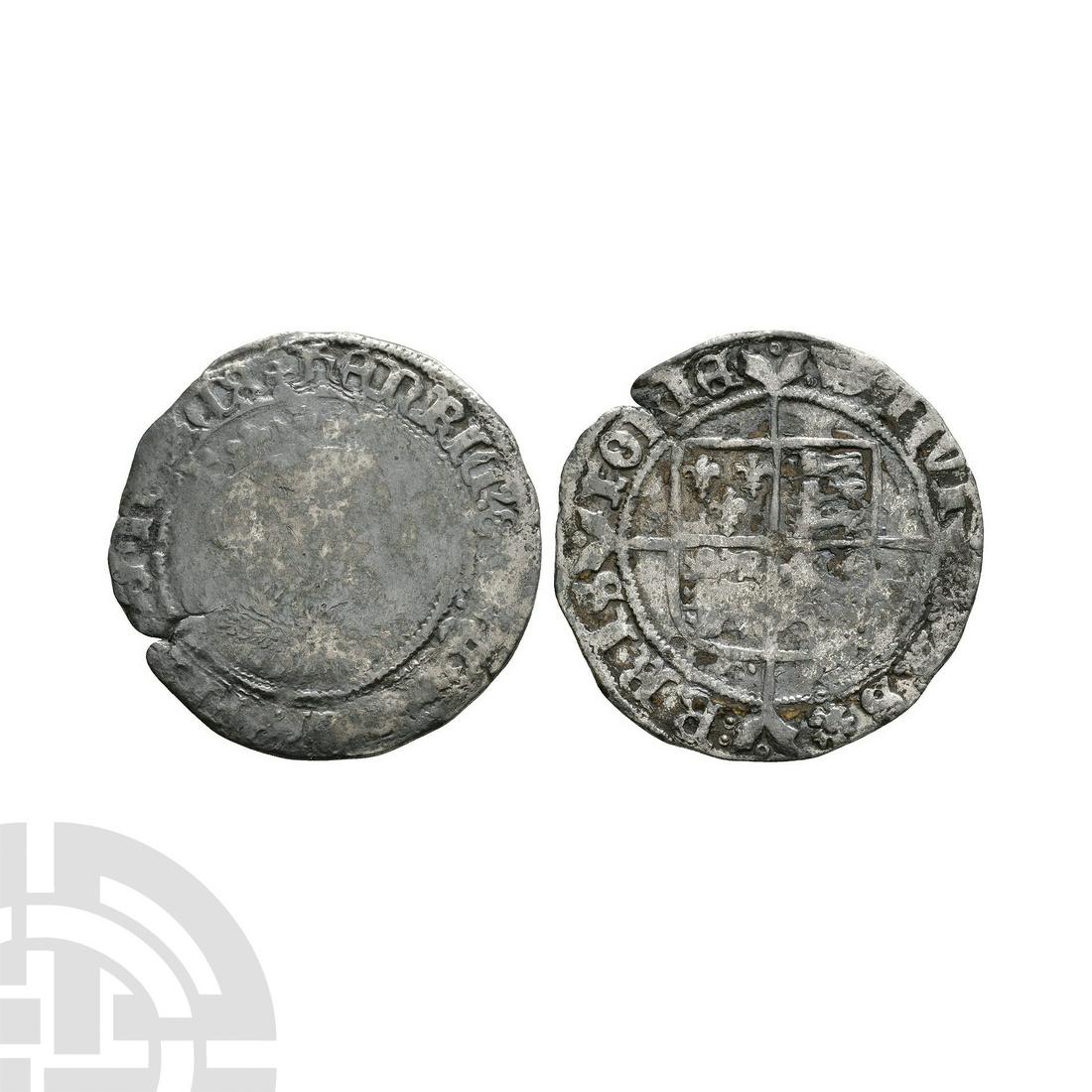 English Tudor Coins - Henry VIII - Bristol - Facing Bust Groat: 1544-1547 A.D. Third coinage. Obv: facing bust with HENRIC 8 D G R AGL Z FRANC legend and no mintmark. Rev: long cross over arms with CIVITAS BRISTOLIE legend and 'WS monogram' mintmark for Bristol mi
