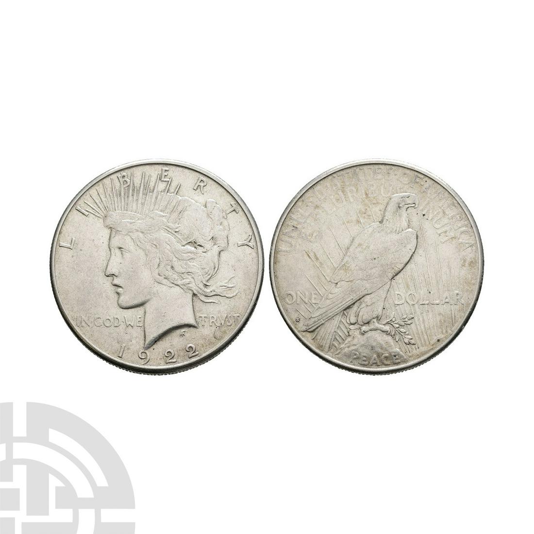 World Coins - USA - 1922 S - Peace AR Dollar: Dated 1922 A.D. San Francisco mint. Obv: profile bust dividing IN GOD WE - TRVST across fields with LIBERTY above and date below. Rev: eagle standing dividing ONE - DOLLAR across fields with UNITED ST