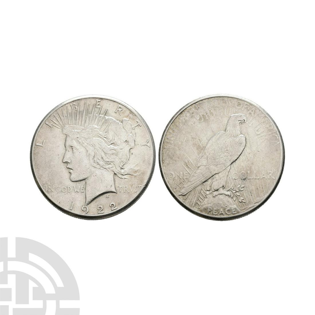 World Coins - USA - 1922 S - Peace AR Dollar: Dated 1922 A.D. San Francisco mint. Obv: profile bust dividing IN GOD WE - TRVST across fields with LIBERTY above and date below. Rev: eagle standing dividing ONE - DOLLAR across fields with UNITED ST