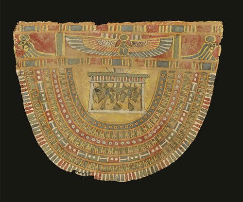 Egyptian Cartonage Panel with Collar and Four Sons of H: 26th Dynasty, circa 685-525 BC A D-shaped cartonage panel with painted design of the four sons of Horus seated within a rectangle, with radiating geometric designs in seven bands and broad band of win