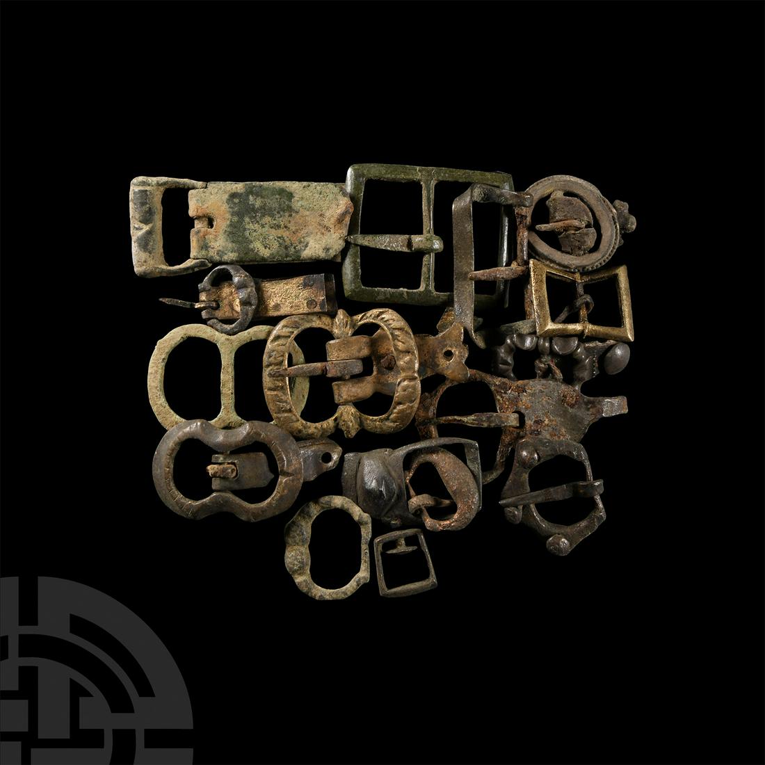 Medieval Bronze Buckle Collection: Circa 14th-16th century A.D. Comprising examples with and without tongues, and strap ends. 101 grams total, 8-50 mm (3/4 - 2 in.). Found Essex, UK.[16, No Reserve]