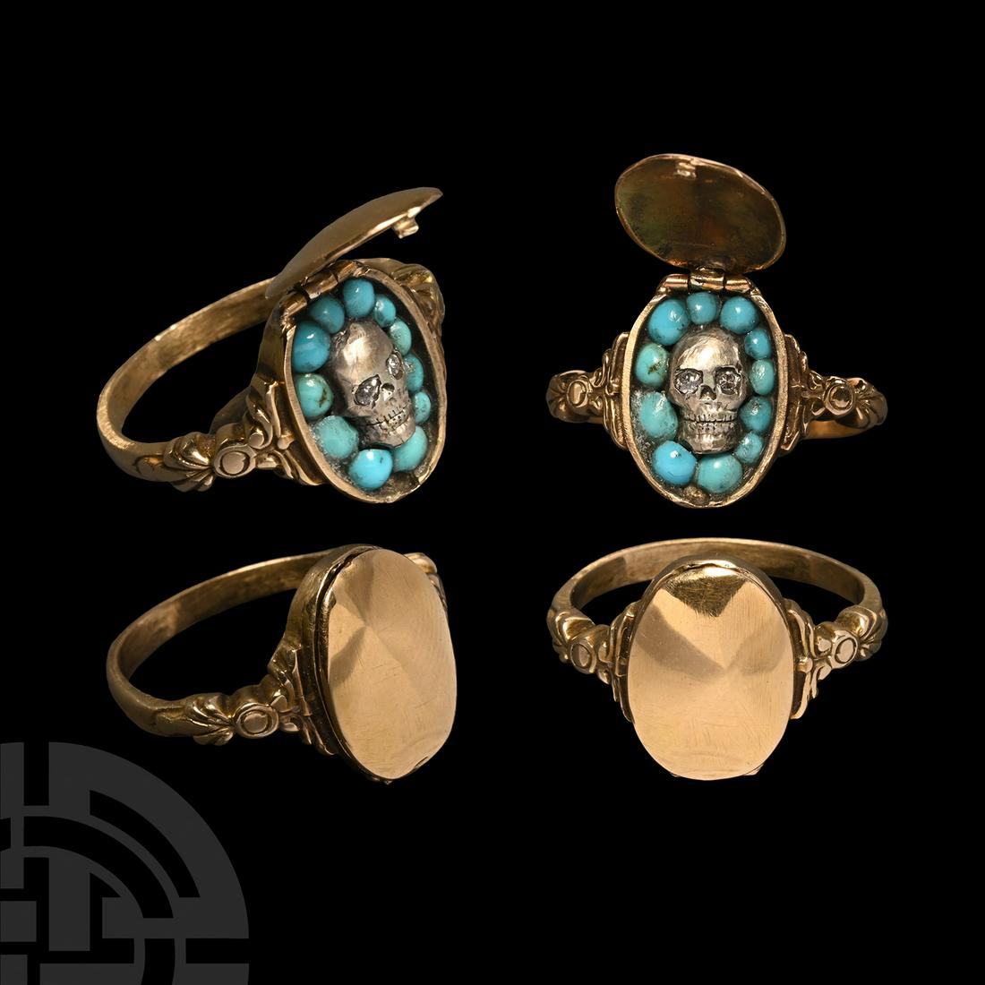 Georgian Gold Locket Ring with Skull: Circa 1800 A.D. Comprising a slender hoop with shell-shaped shoulders, hinged oval bezel with secret compartment revealing a silvered skull framed by turquoise cabochons, the eyes set with diamonds or