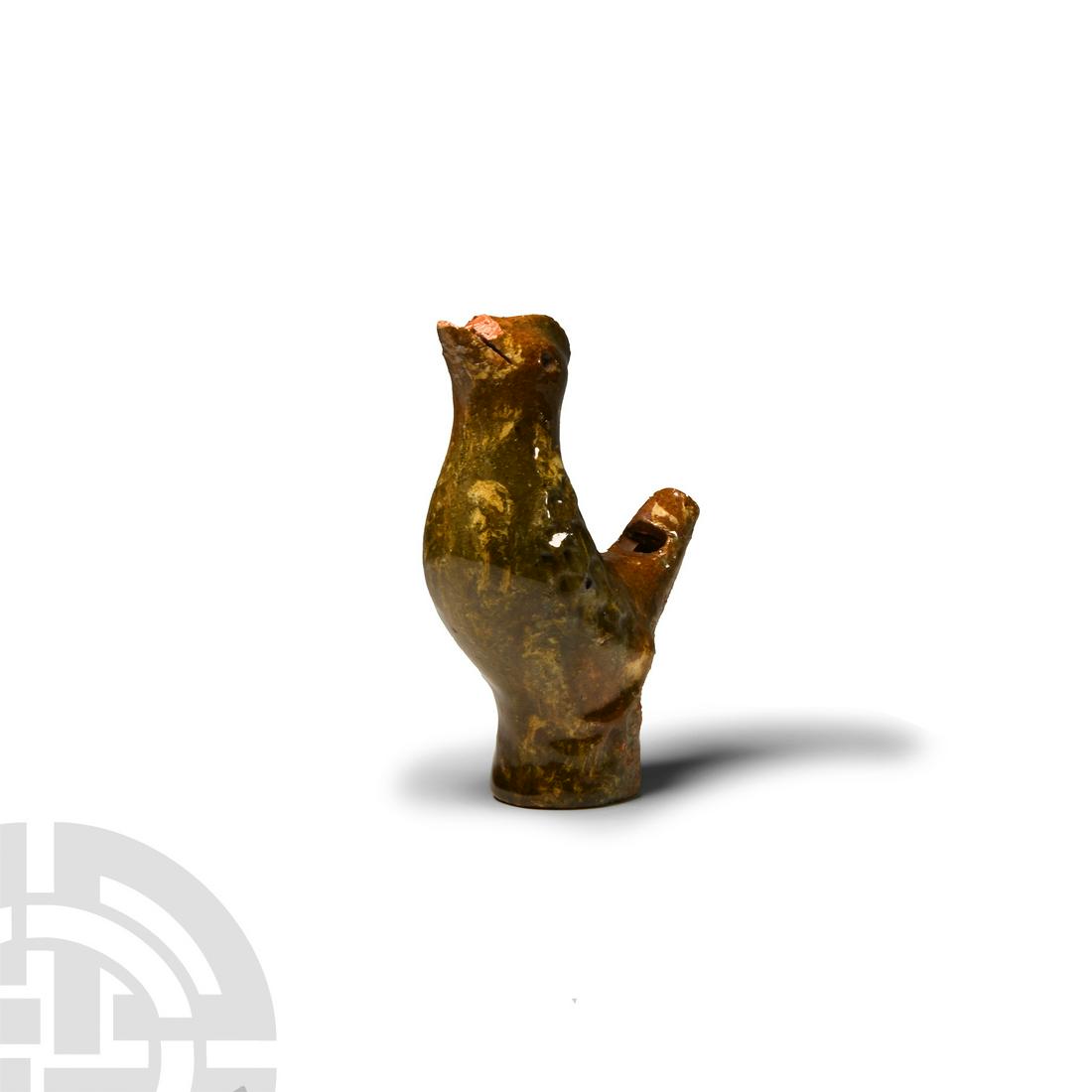 Post Medieval Glazed Ceramic Bird Whistle: 18th century A.D. Possibly in the form of a hen or other bird with crest, with feather detailing; chip to beak. 80 grams, 95 mm (3 3/4 in.). Acquired 1960s-1990s. Late Alison Barker collection, a reti