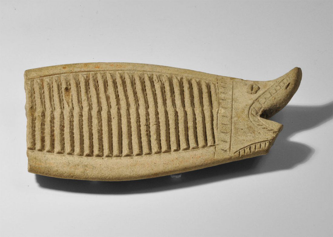 Tumaco Stone Fish-Descaling Plaque: Circa 2nd century BC-2nd century AD. A stone buffware grater or de-scaler in the form of a fish, with ridged grating panel to the centre and stylized mouth and eye to one end. Stone, 272 grams, 17 cm