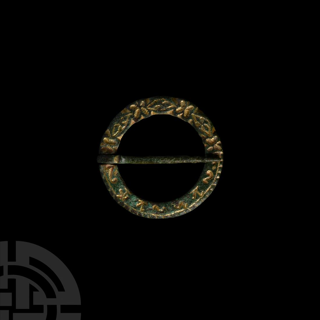 Medieval Gilt Bronze Ring Brooch with Flowers and Magical Symbols (1 of 1)