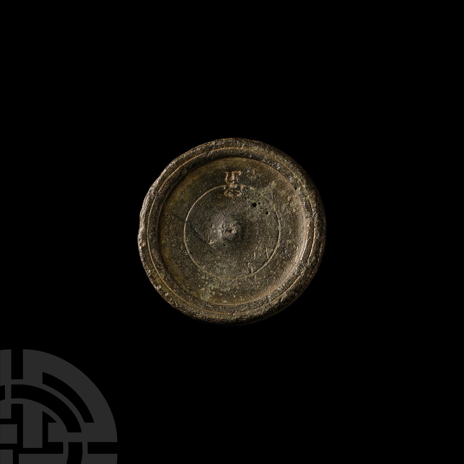 Tudor Palimpsest 2 Ounce Weight: 15th century A.D. Marked for Henry VII or VIII with a Lombardic letter 'h' to the upper face; concentric circles to the reverse, later incised with a large star or sunburst. 50 grams, 51 mm (2 in.). A