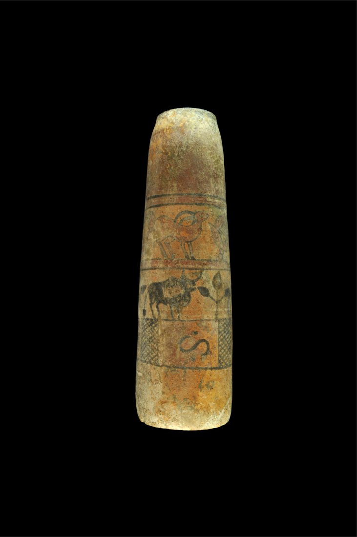 Indus Valley Ceramic Tubular Painted Vase: 2nd millennium BC. A ceramic tubular vase with rows of painted animal designs and plants in black and red; no base. Ex: David Gee collection 1.2 kg, 32 cm (12 1/2").