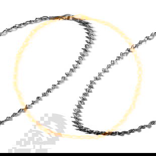 Roman Gold Linked Chain: 1st-2nd century A.D. Loop-in-loop chain, each link formed from two strands of thick gold wire; thick hook with the end coiled about the shank; eye with ribbed detailing and coiled end; housed in a cus