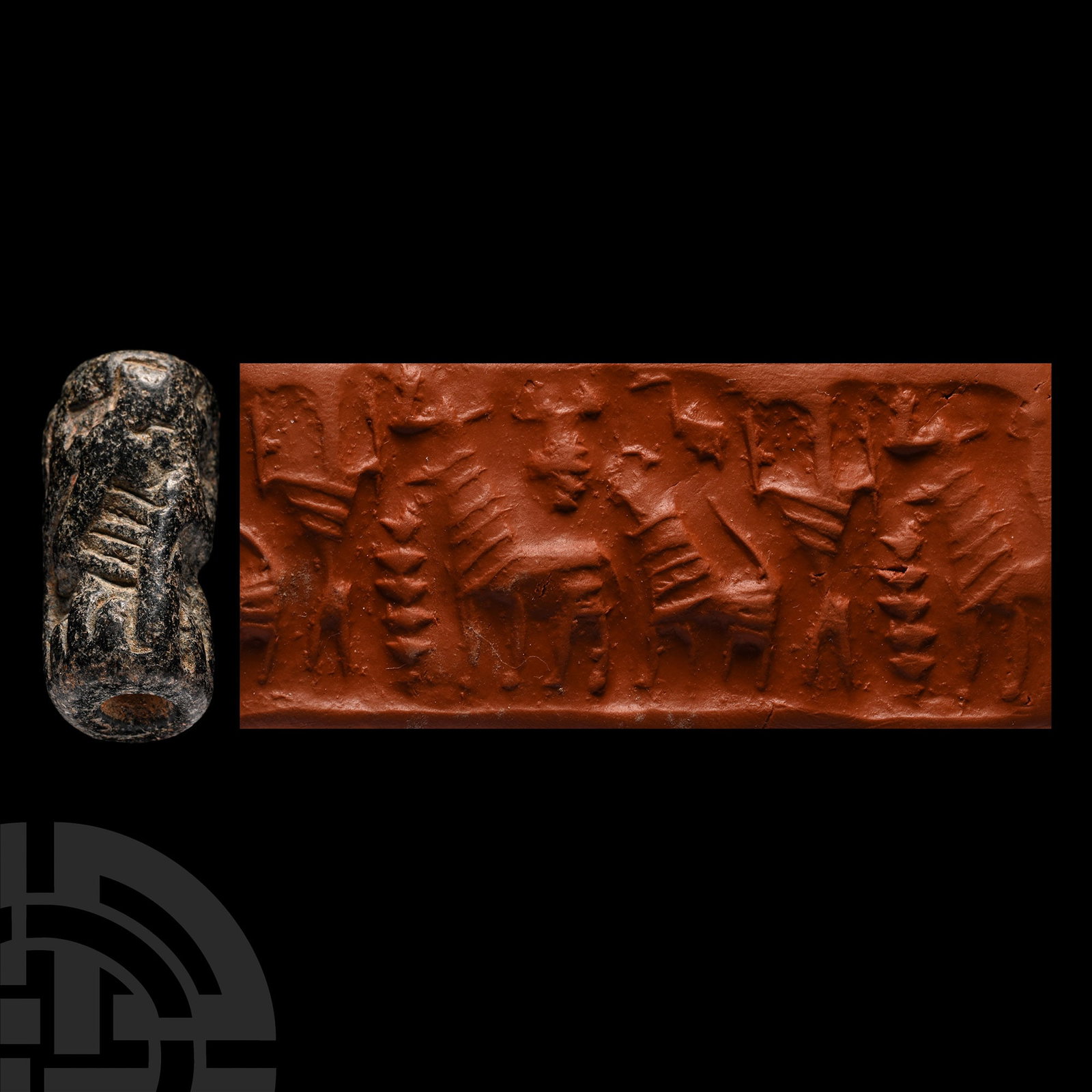 Western Asiatic Grey Stone Cylinder Seal with Animals: 2nd millennium B.C. Irregular carved stone seal with frieze depicting a standing human figure with raised arms, two long-necked quadrupeds (bulls?) and a frond or bush; supplied with a museum-quality