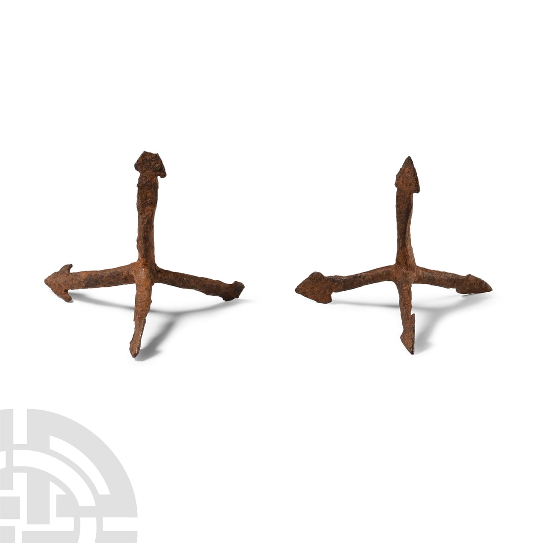Medieval Iron Anti-Cavalry Caltrop Pair: 11th-14th century A.D. Each with four arms tipped with triangular spikes. Cf. Tsurtsumia, M., 'Tribolos, a Byzantine Landmine in Byzantion, 2012, pp.413-422, fig.1, for identical specimen 33 grams tot