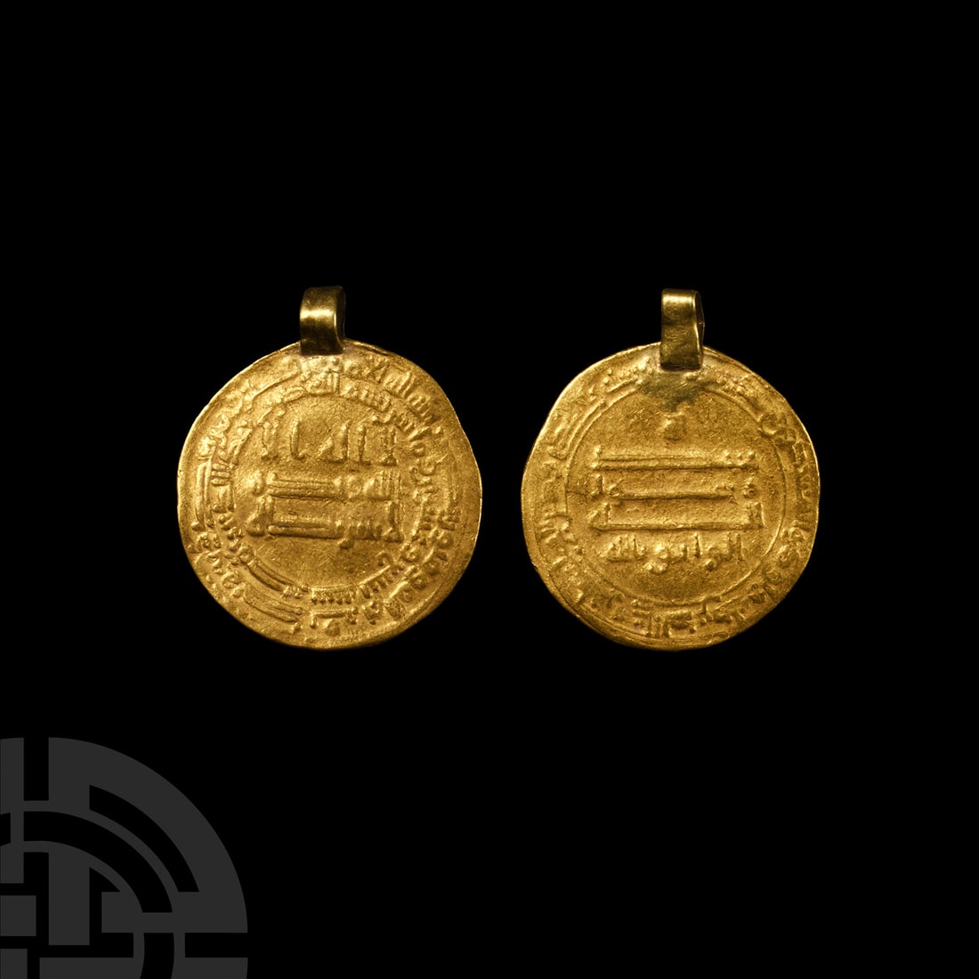 Viking Age Plundered Gold Abbasid Dinar Coin Pendant: 9th-11th century A.D. Formed from an Abbasid caliphate dinar coin with ribbed suspension loop above. 4.36 grams, 25 mm (1 in.). Acquired 1970s. From a London, UK, collection. [No Reserve] For this spe